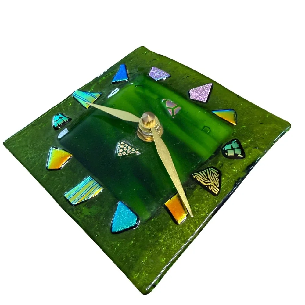 Artisan Fused Glass Wall Clock Green Dichroic Multi-Color Square *does not work*